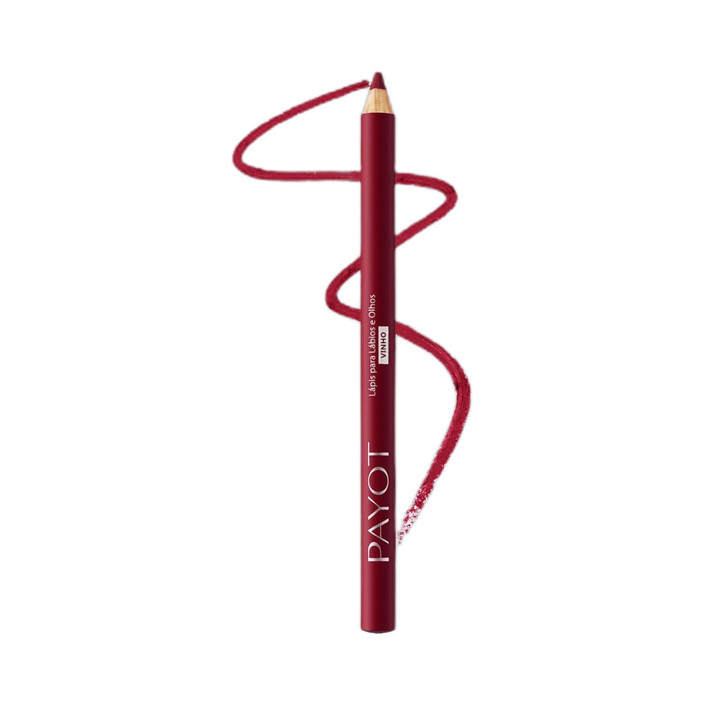 Lápis multifuncional Payot para lábios e olhos na cor vinho, em close com traço curvo da mesma cor
